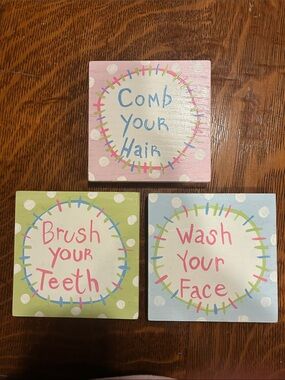 Set of 3 Pastel Bathroom Reminder Wall Signs - Comb Hair, Brush Teeth, Wash Face